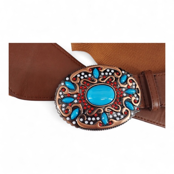 Southwestern Style Turquoise Blue Coral Red Copper Belt Buckle Brown Stretch XL - Picture 14 of 15